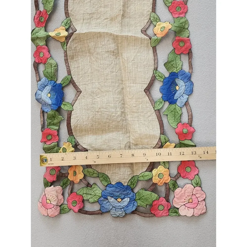 Vintage Embroidered Floral Table Runner Tan Center Multicolor Scalloped Edge